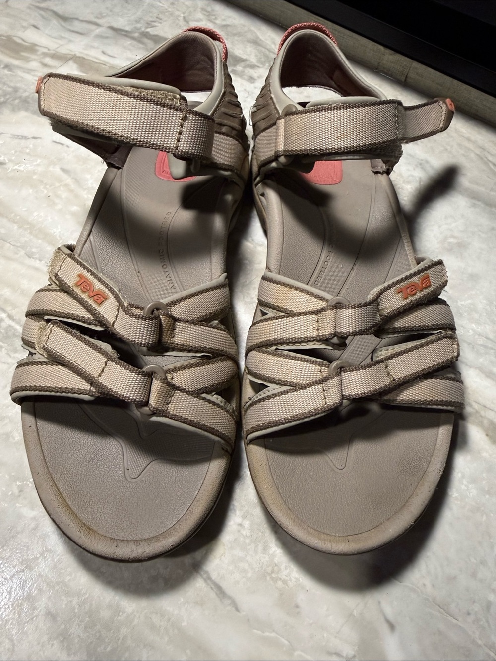 Teva Women's Beige Strappy Outdoor Sandals with Coral Accents